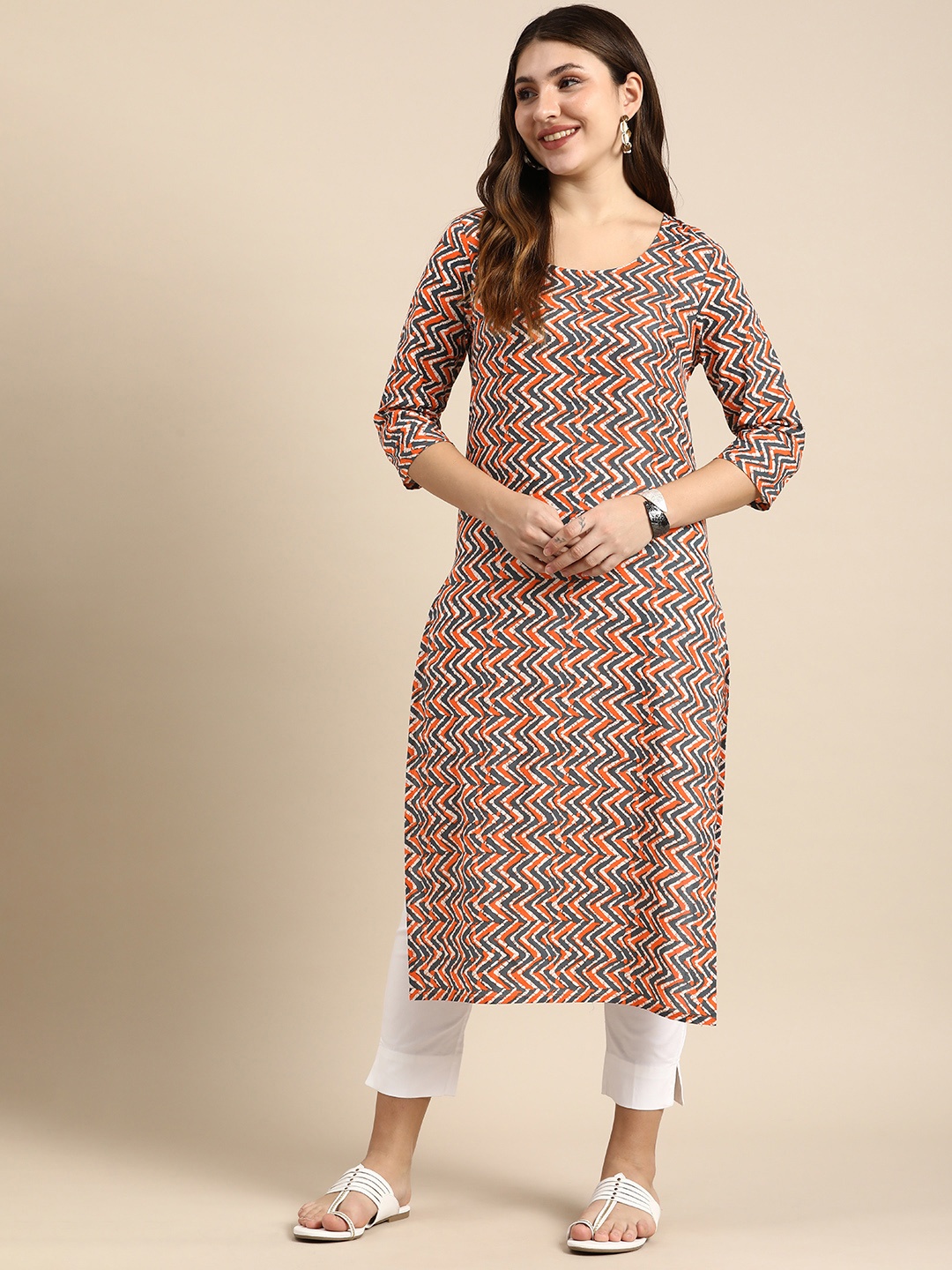 

Anouk Chevron Printed Pure Cotton Straight Kurta, Grey