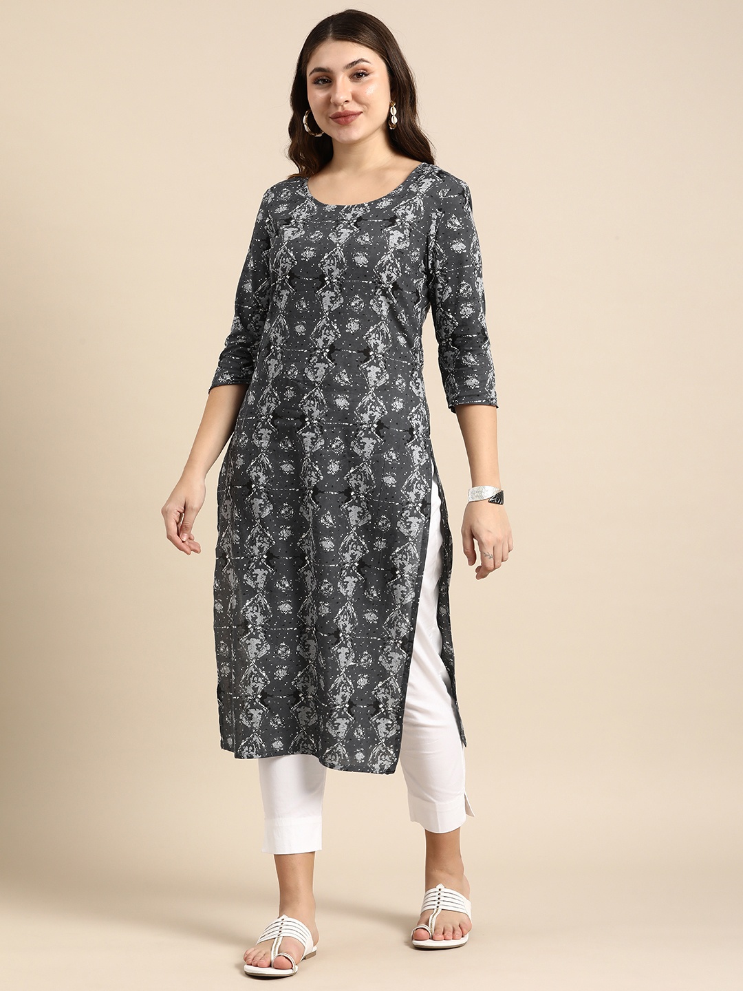 

Anouk Printed Pure Cotton Straight Kurta, Grey