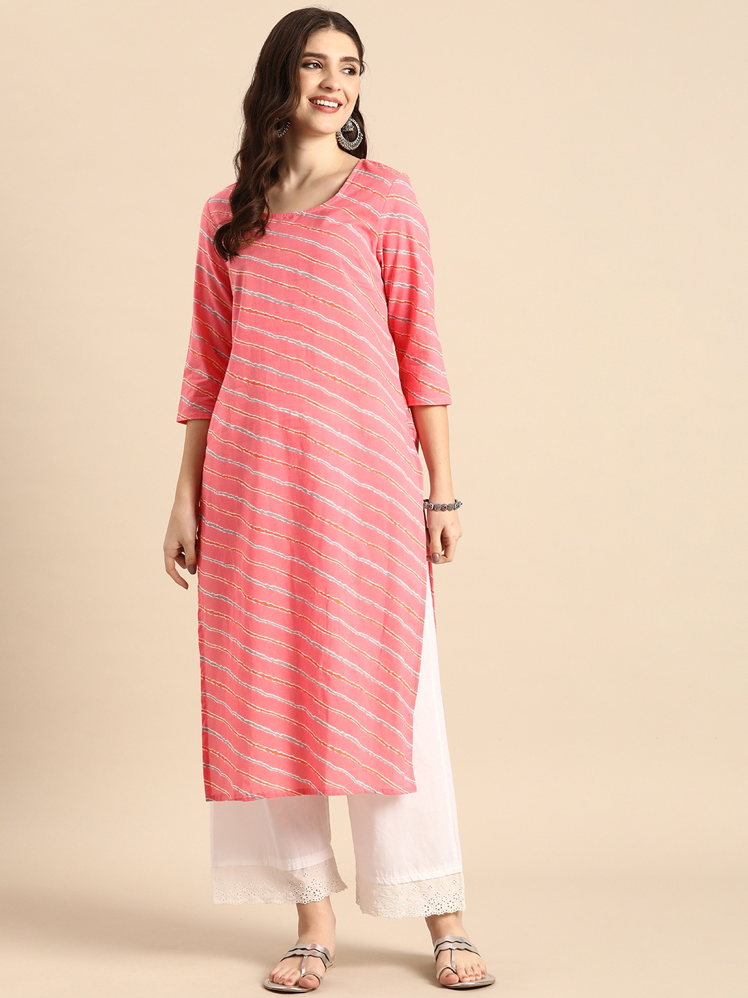 

Anouk Striped Round-Neck Pure Cotton Straight Kurta, Pink