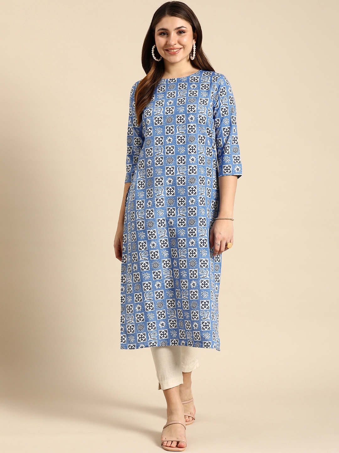 

Anouk Ethnic Motifs Printed Straight Kurta, Blue