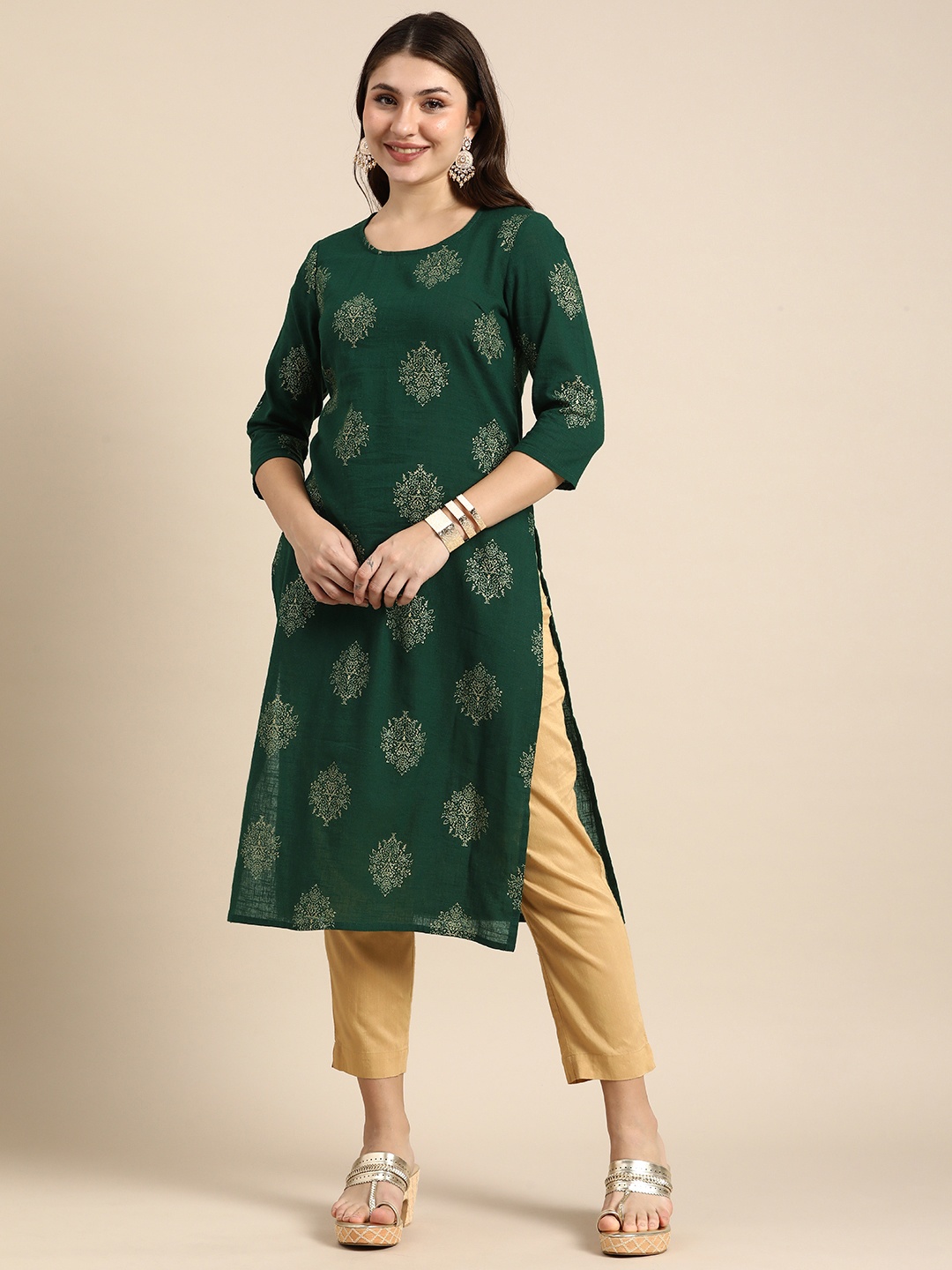

Anouk Ethnic Motifs Pure Cotton Straight Kurta, Green