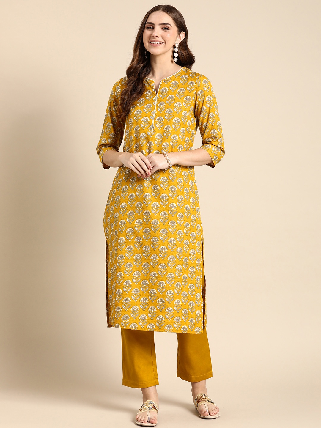 

Anouk Ethnic Motifs Printed Regular Kurta with Trousers, Mustard