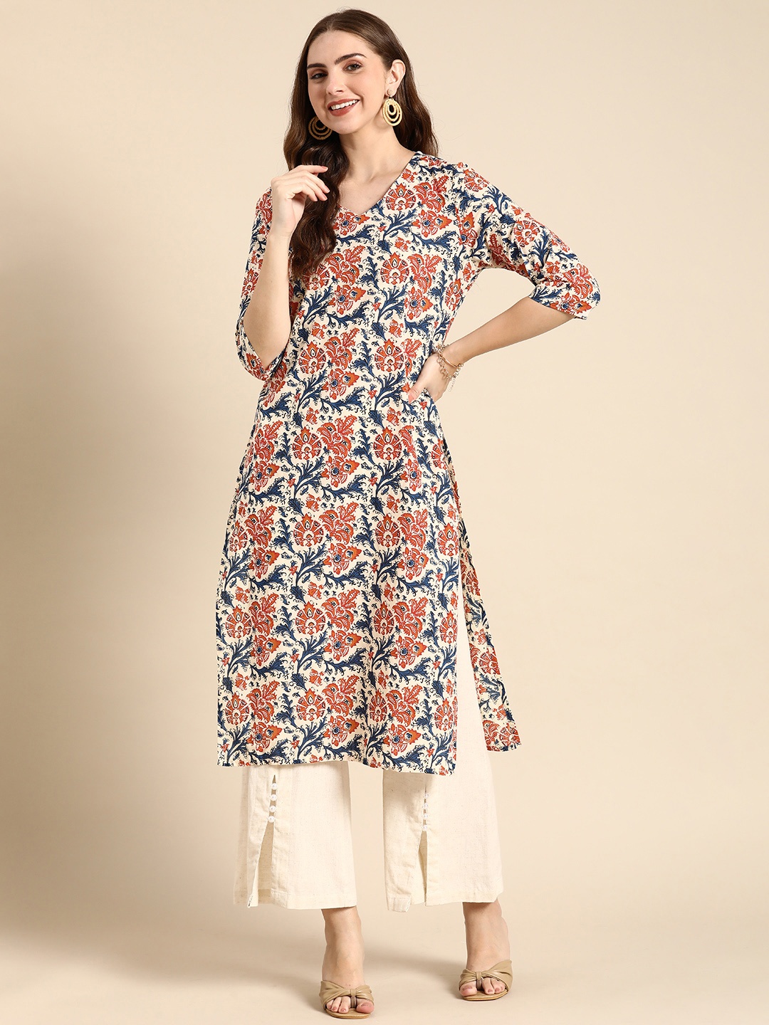 

Anouk V-Neck Ethnic Motifs Printed Pure Cotton Kurta, Off white