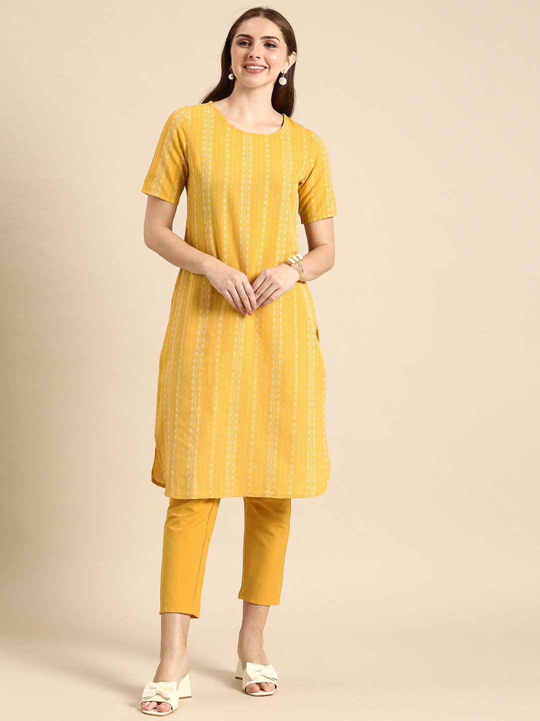 

Anouk Women Woven Design Regular Kurta With Trousers, Yellow