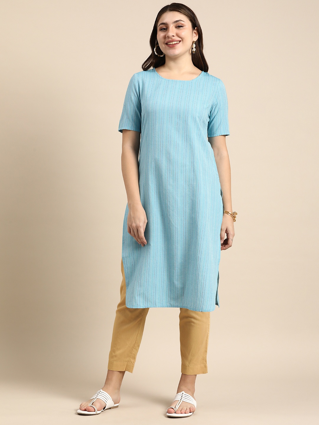 

Anouk Striped Embroidered Thread Work Kurta, Blue