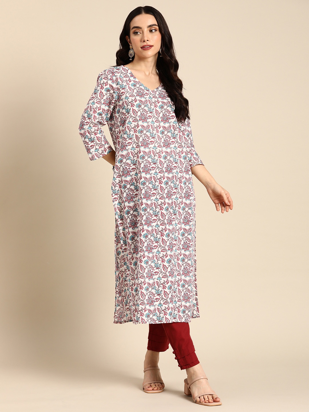 

Anouk Pure Cotton V-Neck Ethnic Motifs Printed Calf Length Kurta, Off white