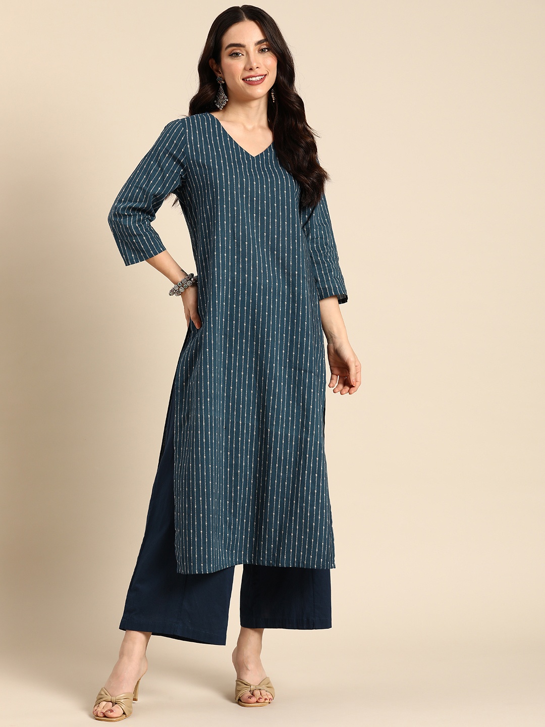 

Anouk Pure Cotton V-Neck Calf Length Striped Kurta, Navy blue
