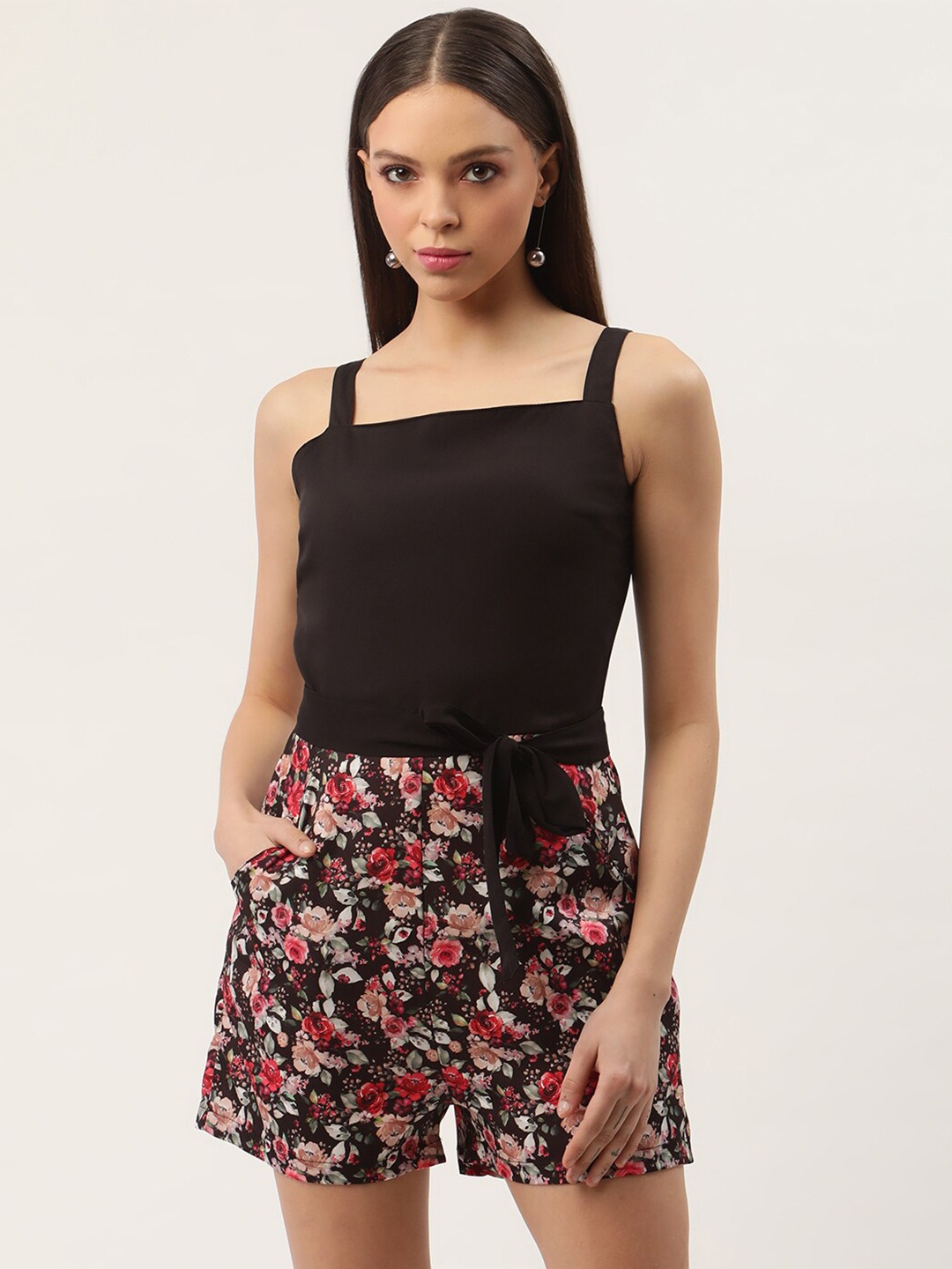 

Sleek Italia Floral Printed Shoulder Strapped Basic Jumpsuit With Waist Tie-Ups, Black