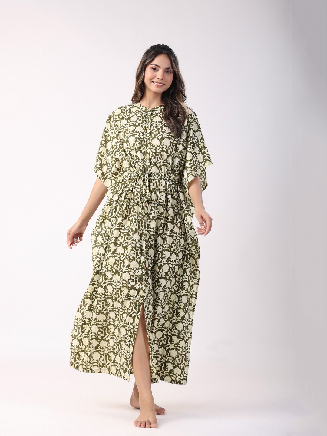 

JISORA Green & Off White Floral Printed Maxi Pure Cotton Kaftan Nightdress