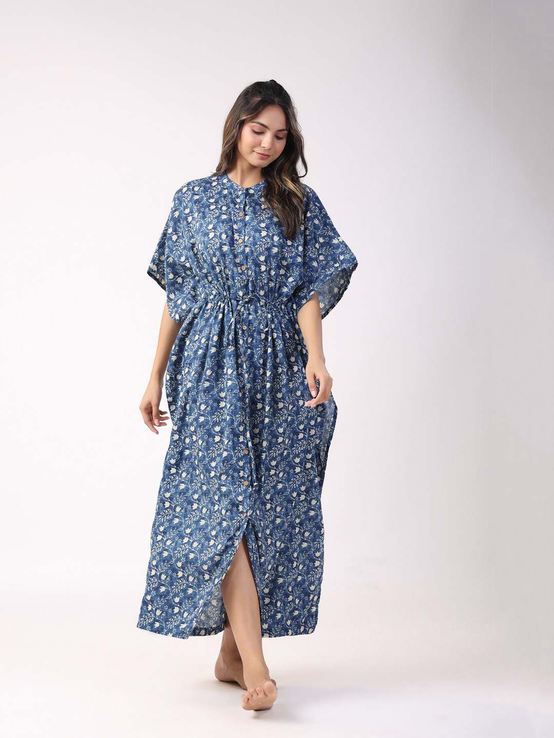 

JISORA Blue & Off White Floral Printed Maxi Pure Cotton Kaftan Nightdress