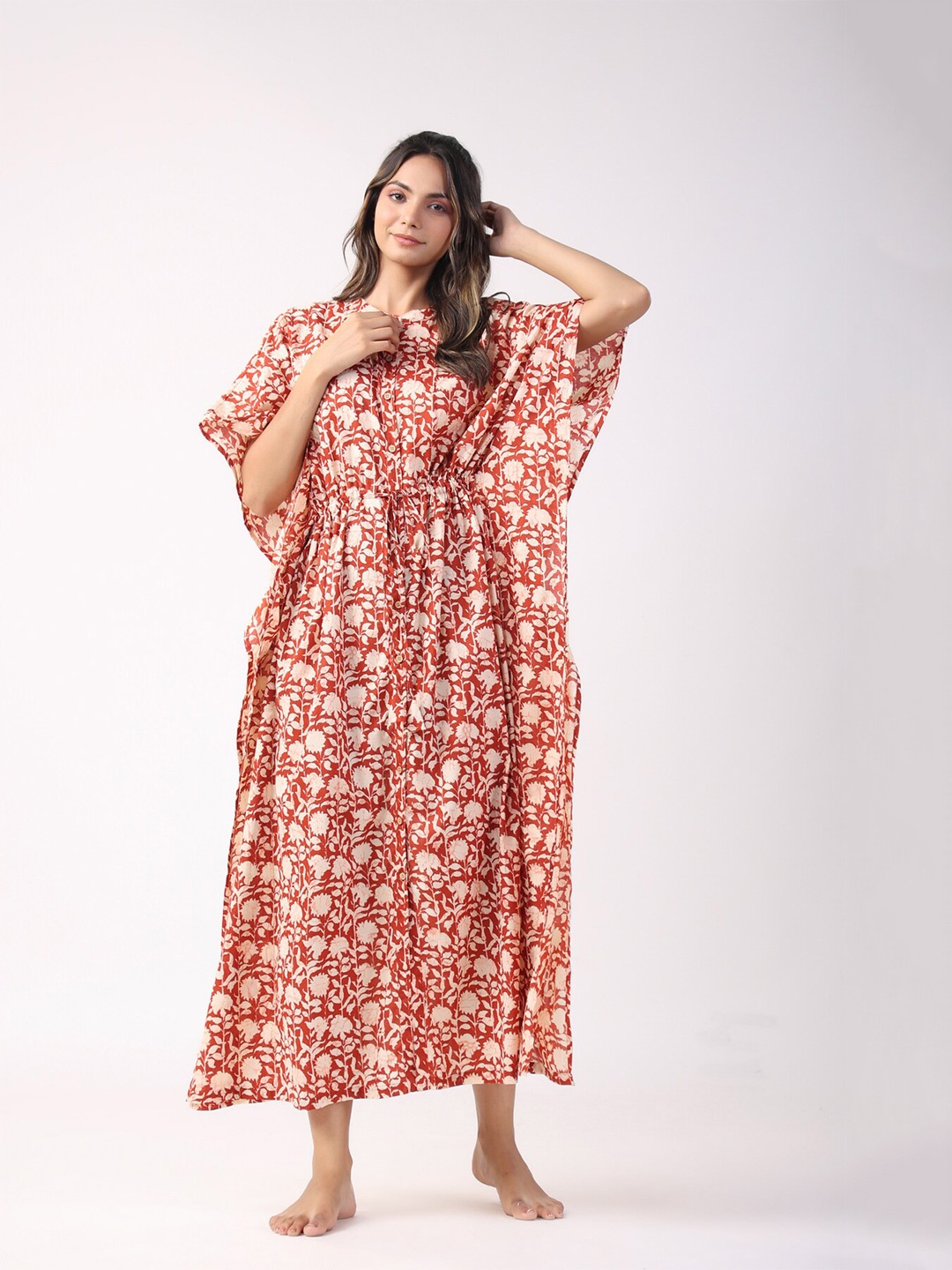 

JISORA Red & Beige Floral Printed Maxi Pure Cotton Kaftan Nightdress