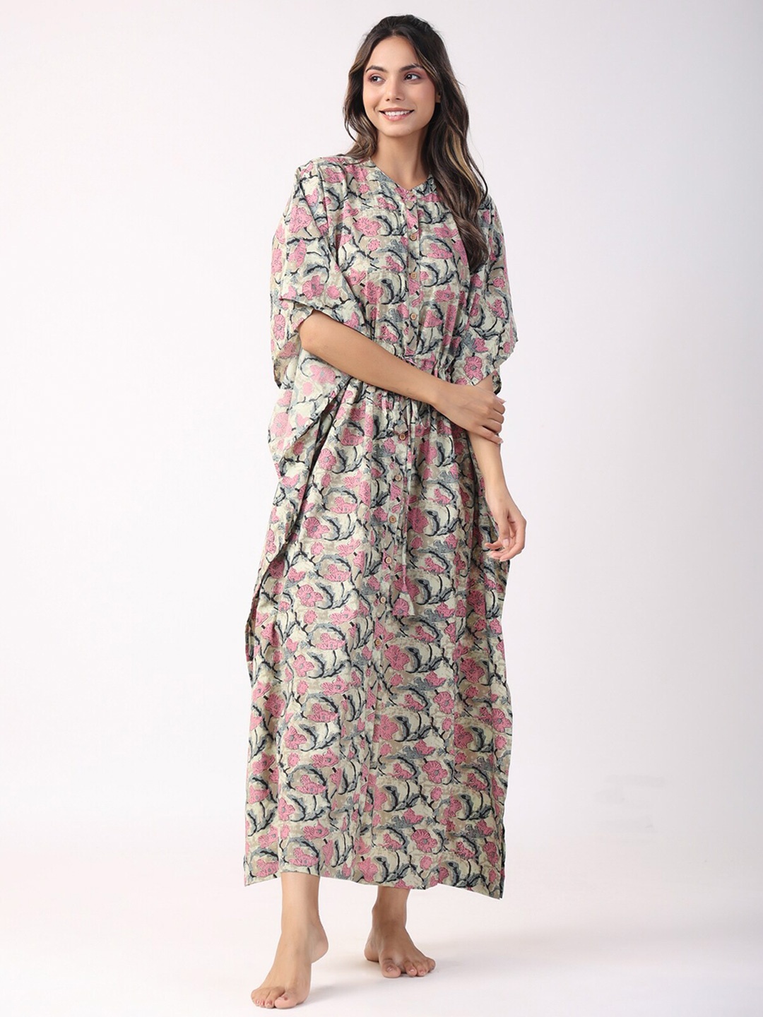 

JISORA Grey & Pink Floral Printed Maxi Pure Cotton Kaftan Nightdress