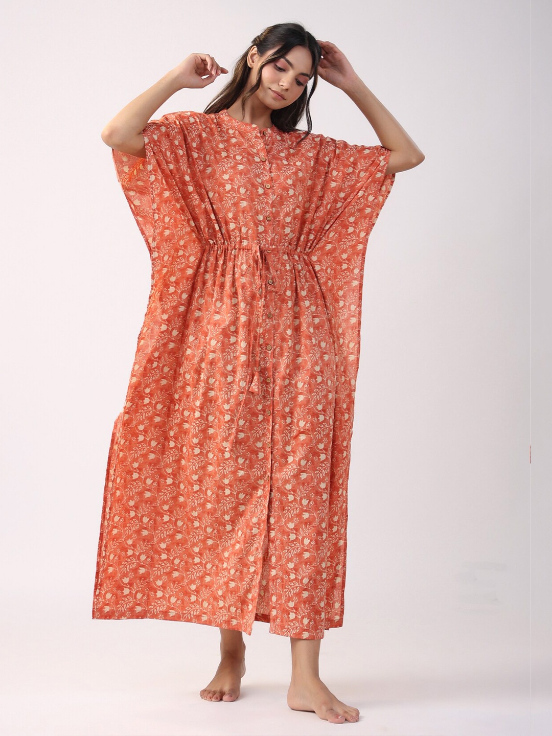 

JISORA Orange Floral Printed Pure Cotton Kaftan Maxi Nightdress