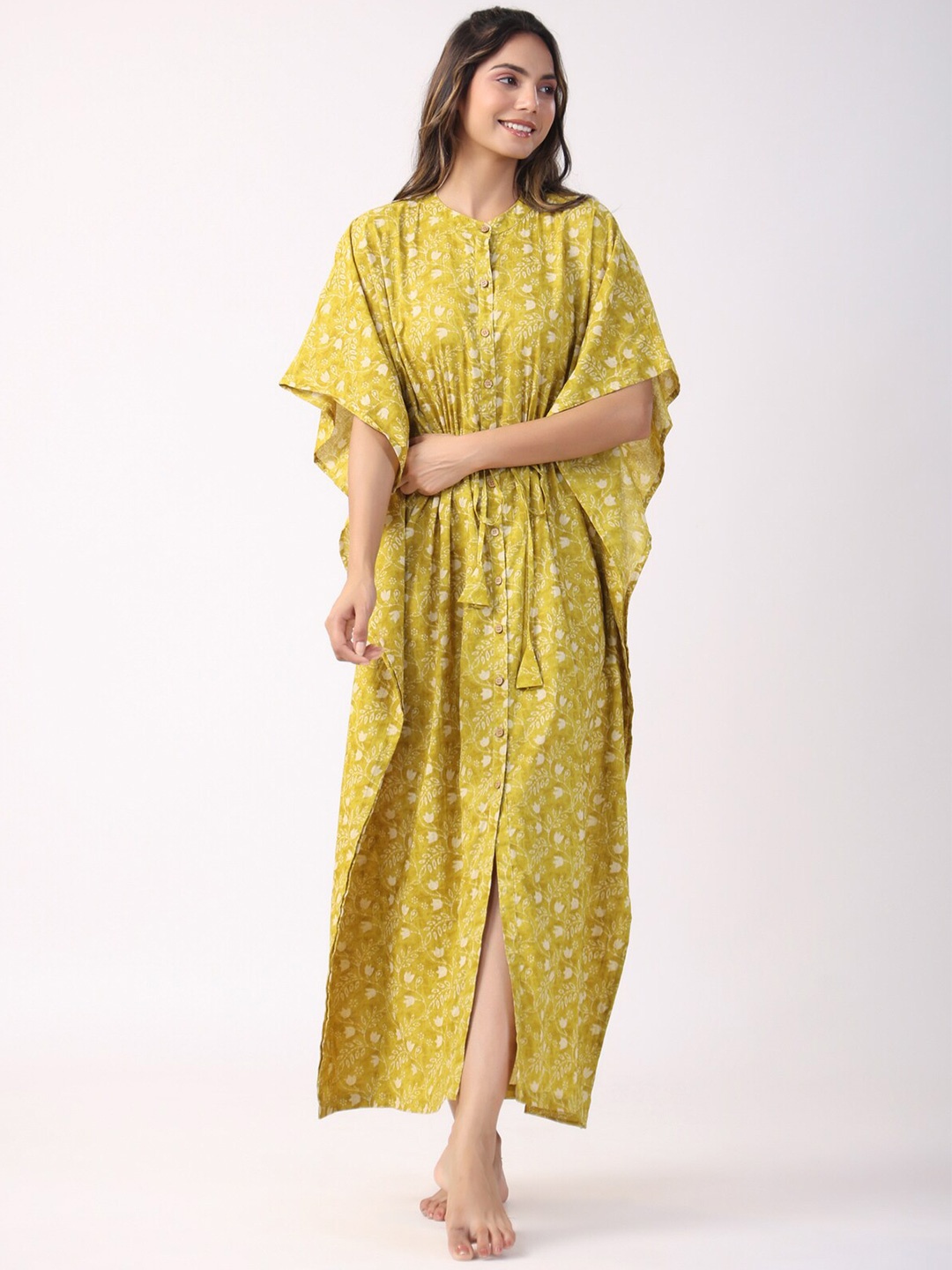 

JISORA Yellow Floral Printed Pure Cotton Kaftan Maxi Nightdress