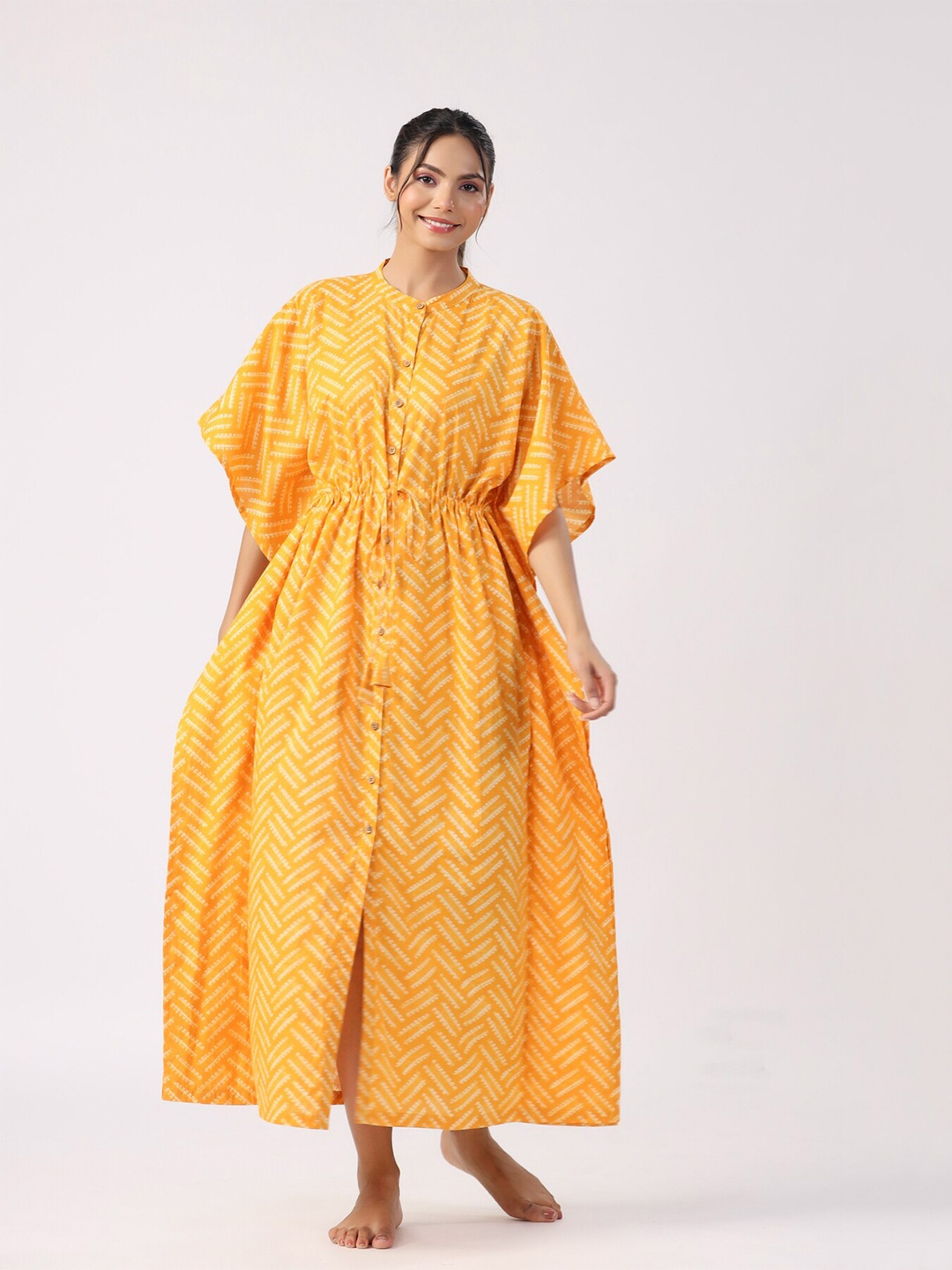 

JISORA Yellow Geometric Printed Pure Cotton Kaftan Maxi Nightdress