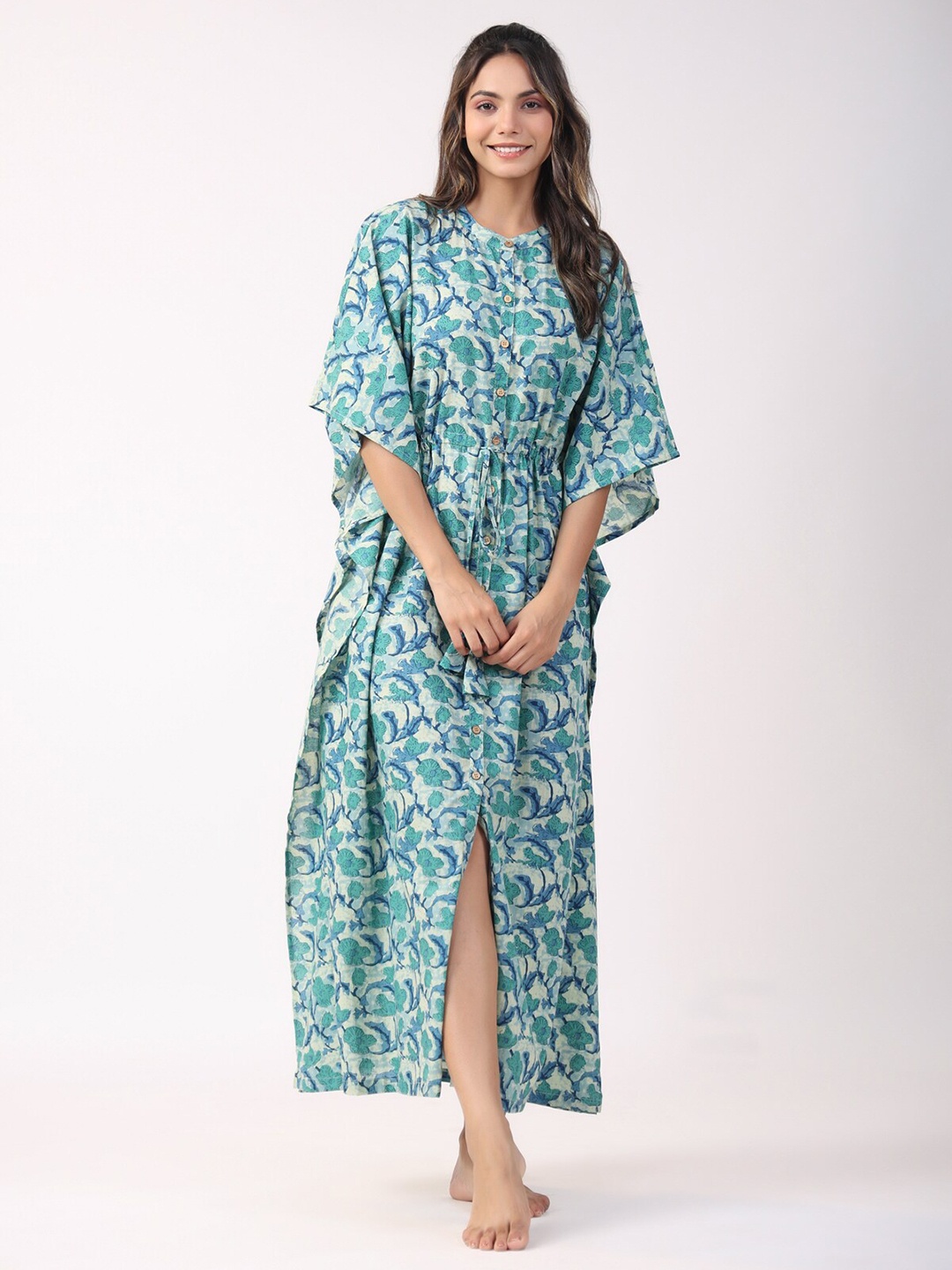 

JISORA Blue Floral Printed Pure Cotton Maxi Kaftan Nightdress
