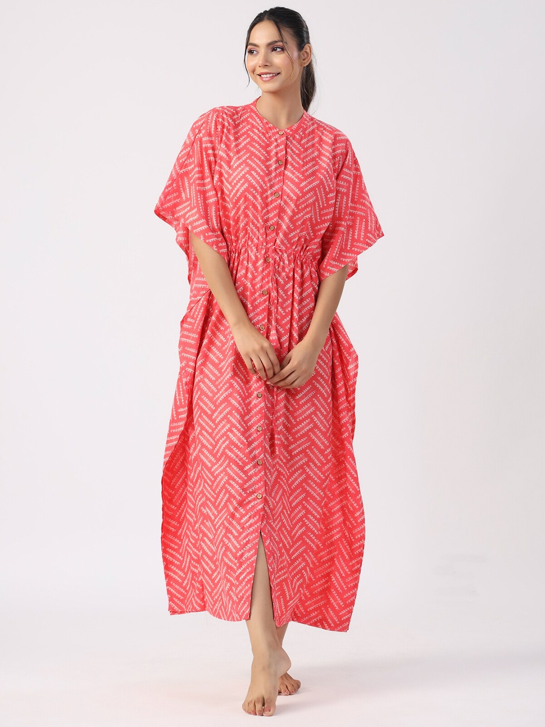 

JISORA Pink Geometric Printed Pure Cotton Maxi Kaftan Nightdress