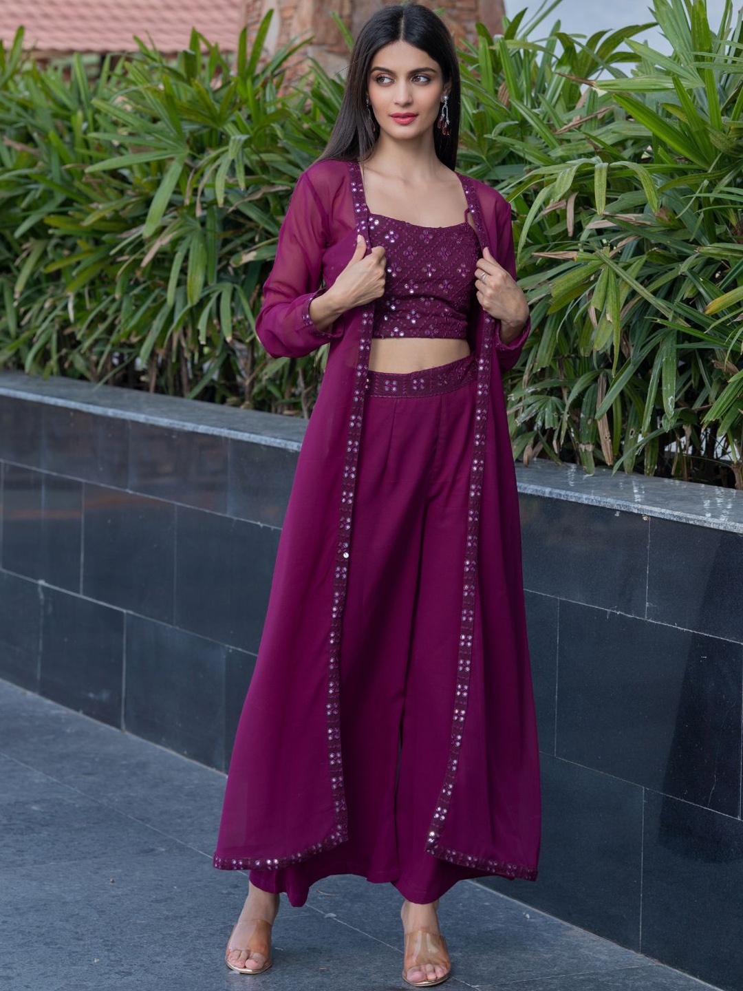 

HOUSE OF JAMOTI Embellished Top & Palazzo With Shrug Co-Ords, Purple