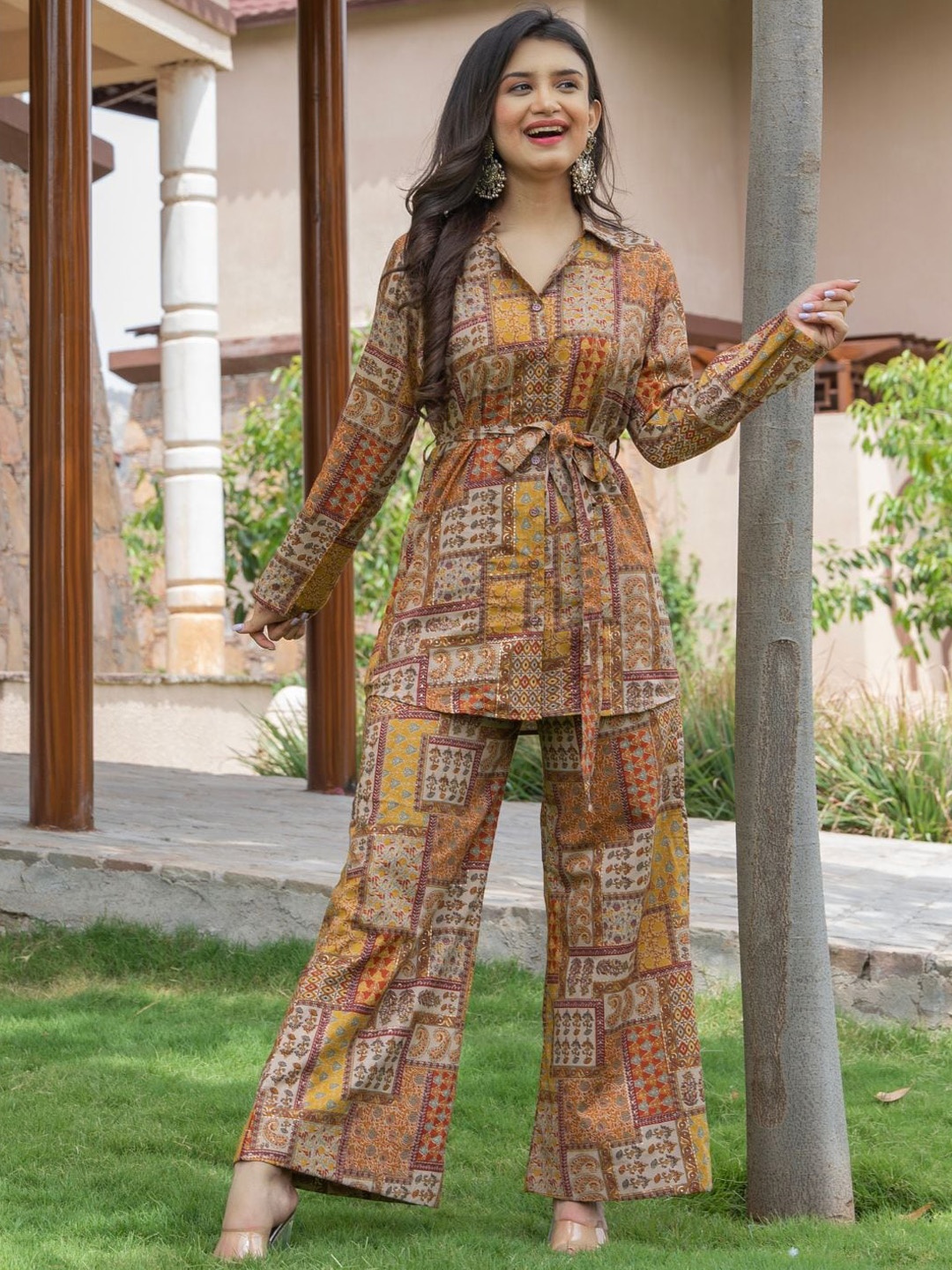 

HOUSE OF JAMOTI Printed Pure Cotton Collar Neck Shirt With Flared Palazzos Co-Ords, Beige