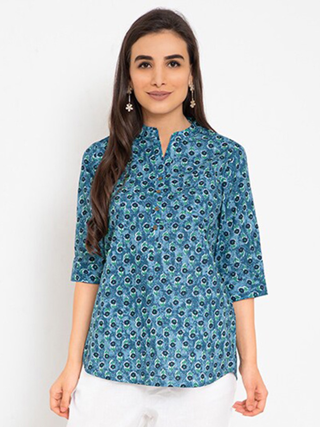 

Beyoung Blue & Green Floral Printed Pure Cotton Kurti