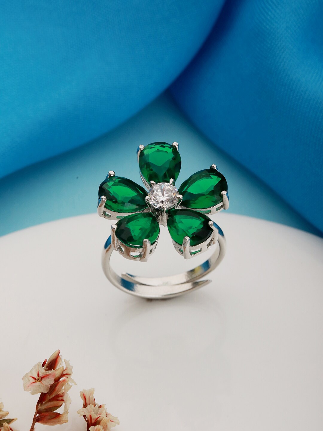 

Saraf RS Jewellery Silver-Plated CZ Studded Adjustable Finger Ring
