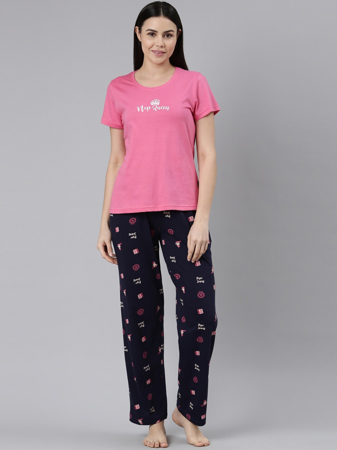 

Pepe Jeans Typography Printed Pure Cotton Night suit, Pink