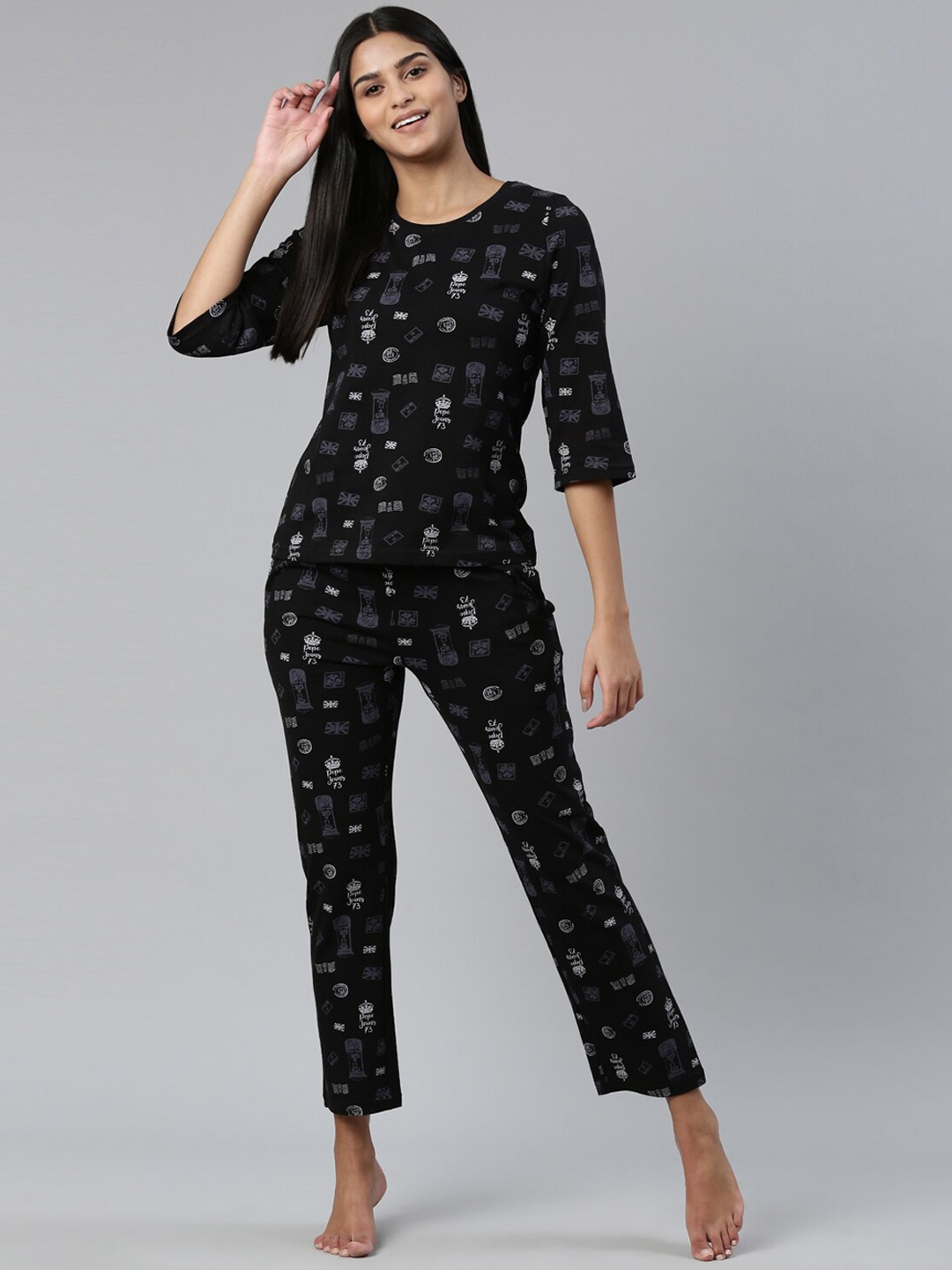 

Pepe Jeans Typography Printed Pure Cotton Night suit, Black