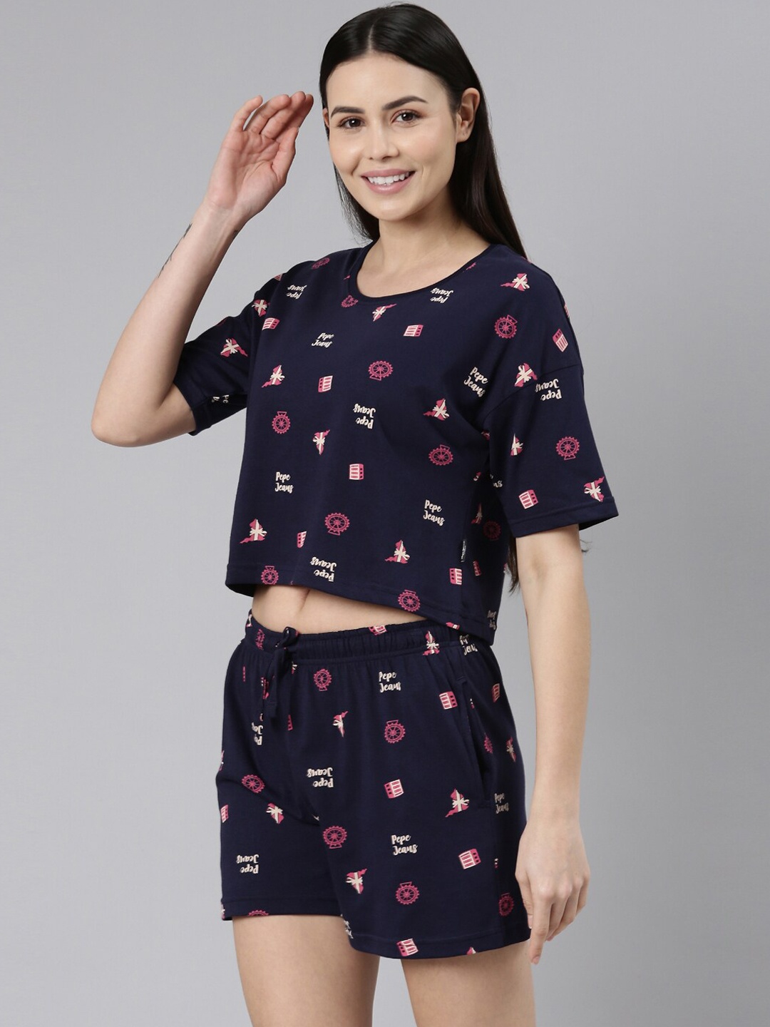 

Pepe Jeans Typography Printed Pure Cotton Night suit, Navy blue