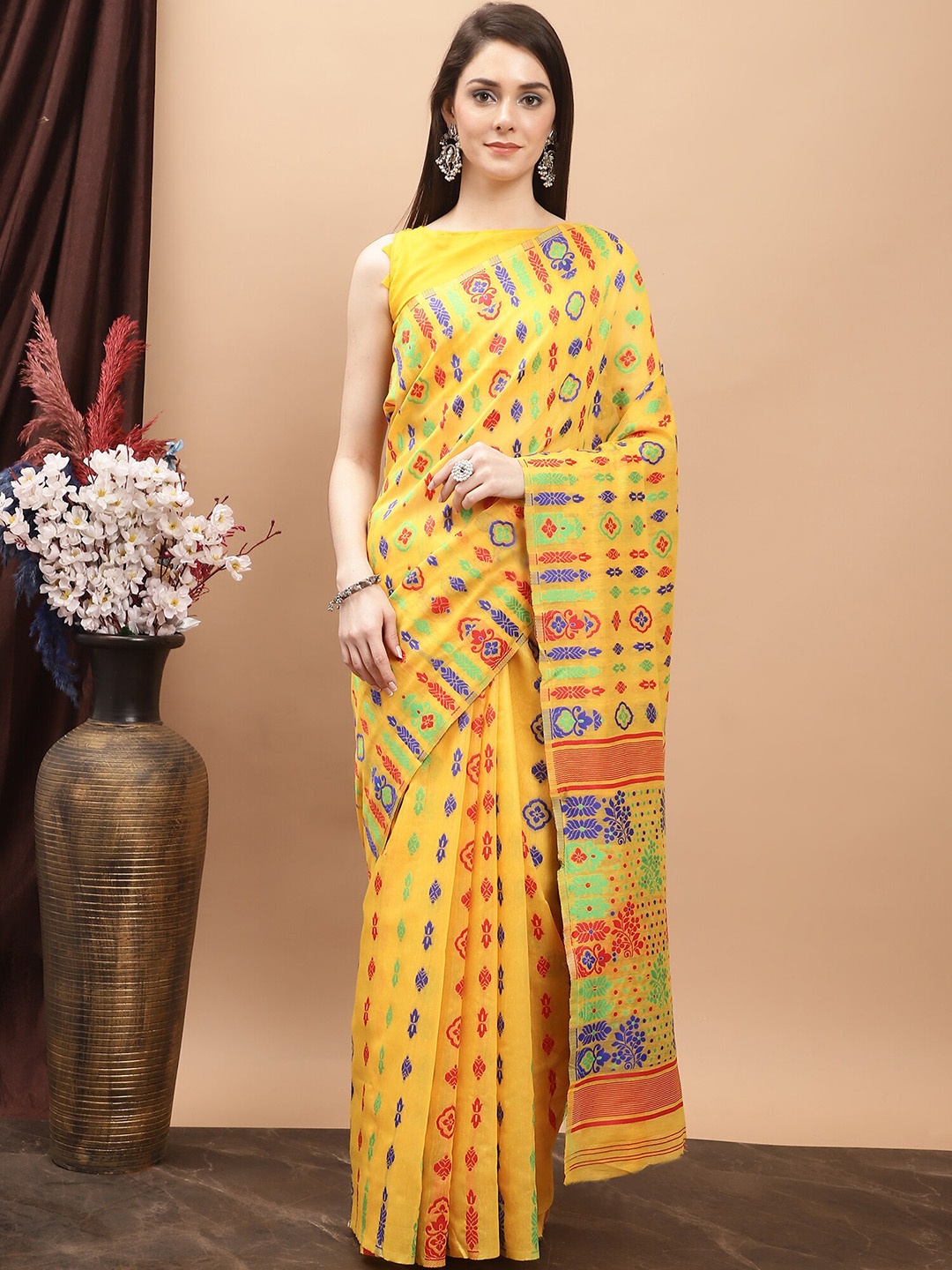 

KALINI Ethnic Motif Pure Cotton Jamdani Saree, Yellow