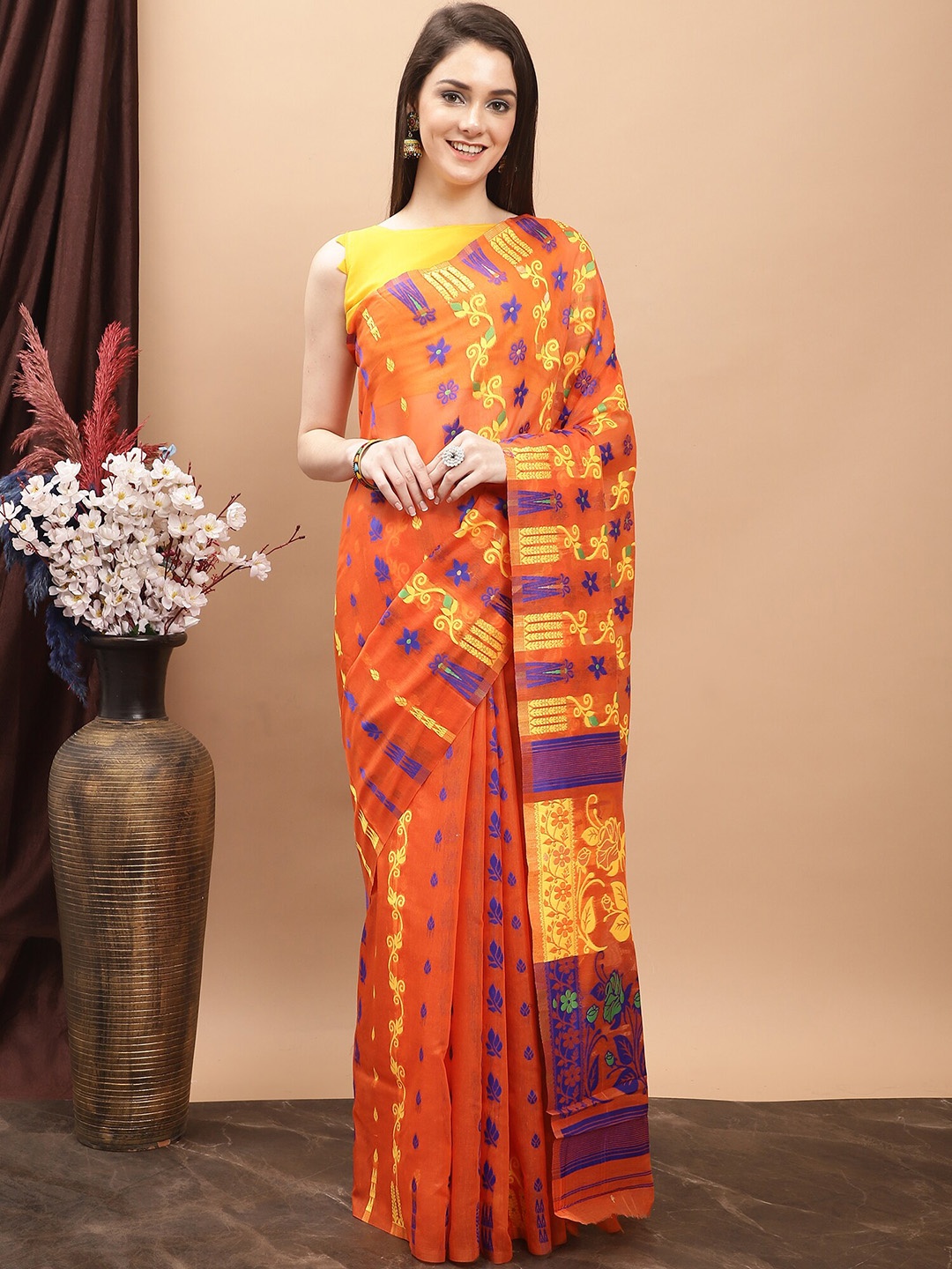 

KALINI Woven Design Pure Cotton Jamdani Saree, Orange