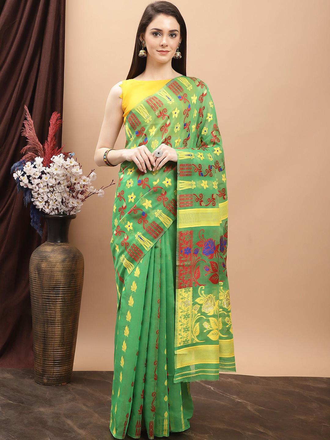 

KALINI Ethnic Motifs Woven Design Pure Cotton Jamdani Saree, Green
