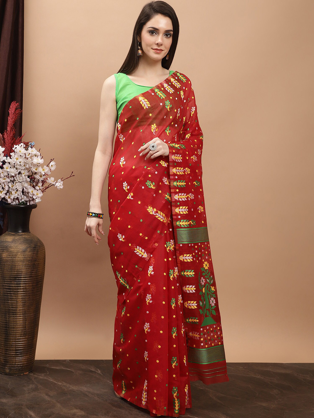

KALINI Floral Woven Design Pure Cotton Jamdani Saree, Red