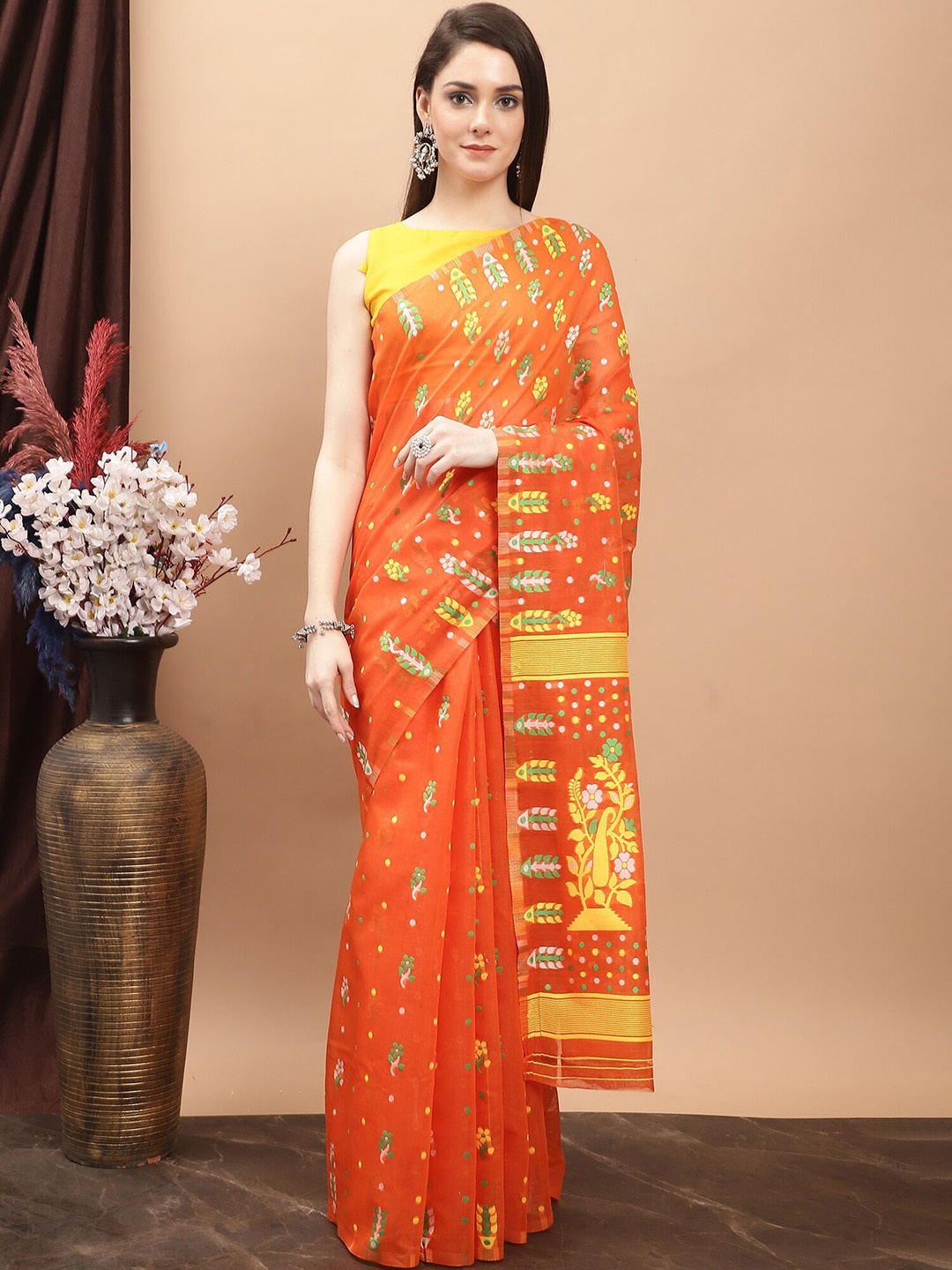 

KALINI Ethnic Motifs Woven Design Pure Cotton Jamdani Saree, Orange