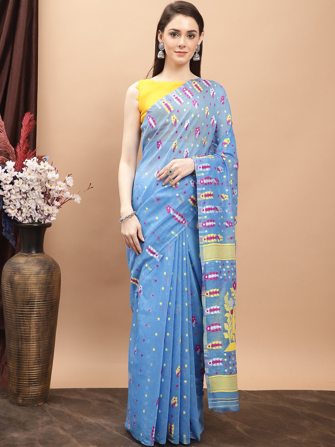 

KALINI Ethnic Motif Pure Cotton Jamdani Saree, Blue