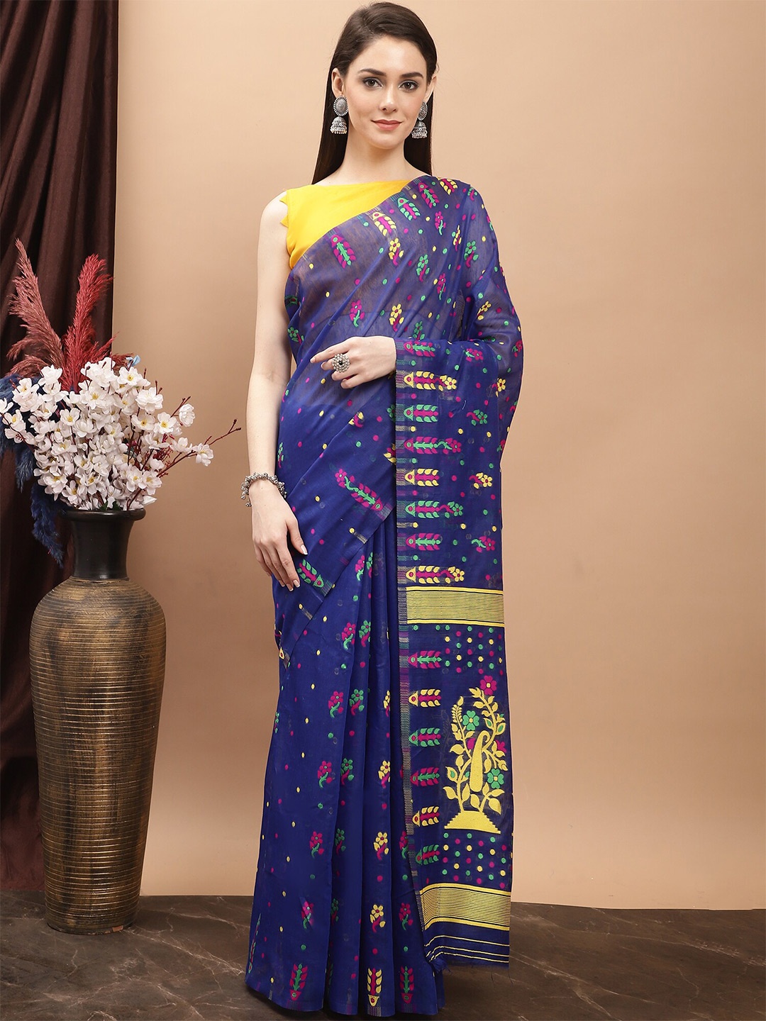 

KALINI Ethnic Motifs Woven Design Pure Cotton Jamdani Saree, Blue