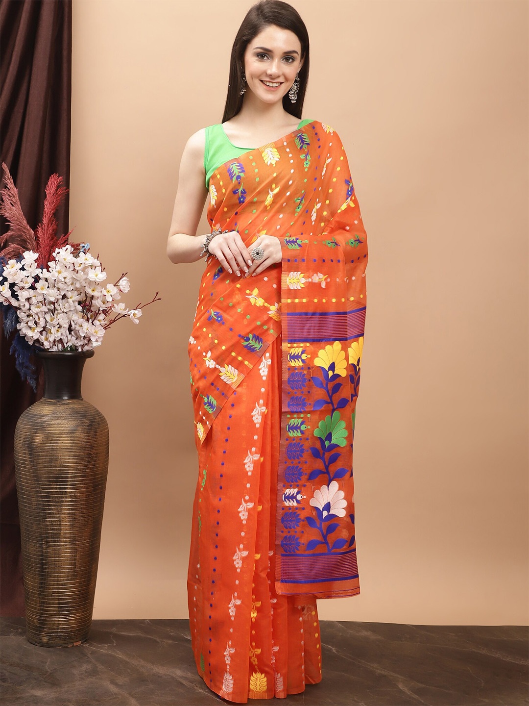 

KALINI Floral Woven Design Pure Cotton Jamdani Saree, Orange