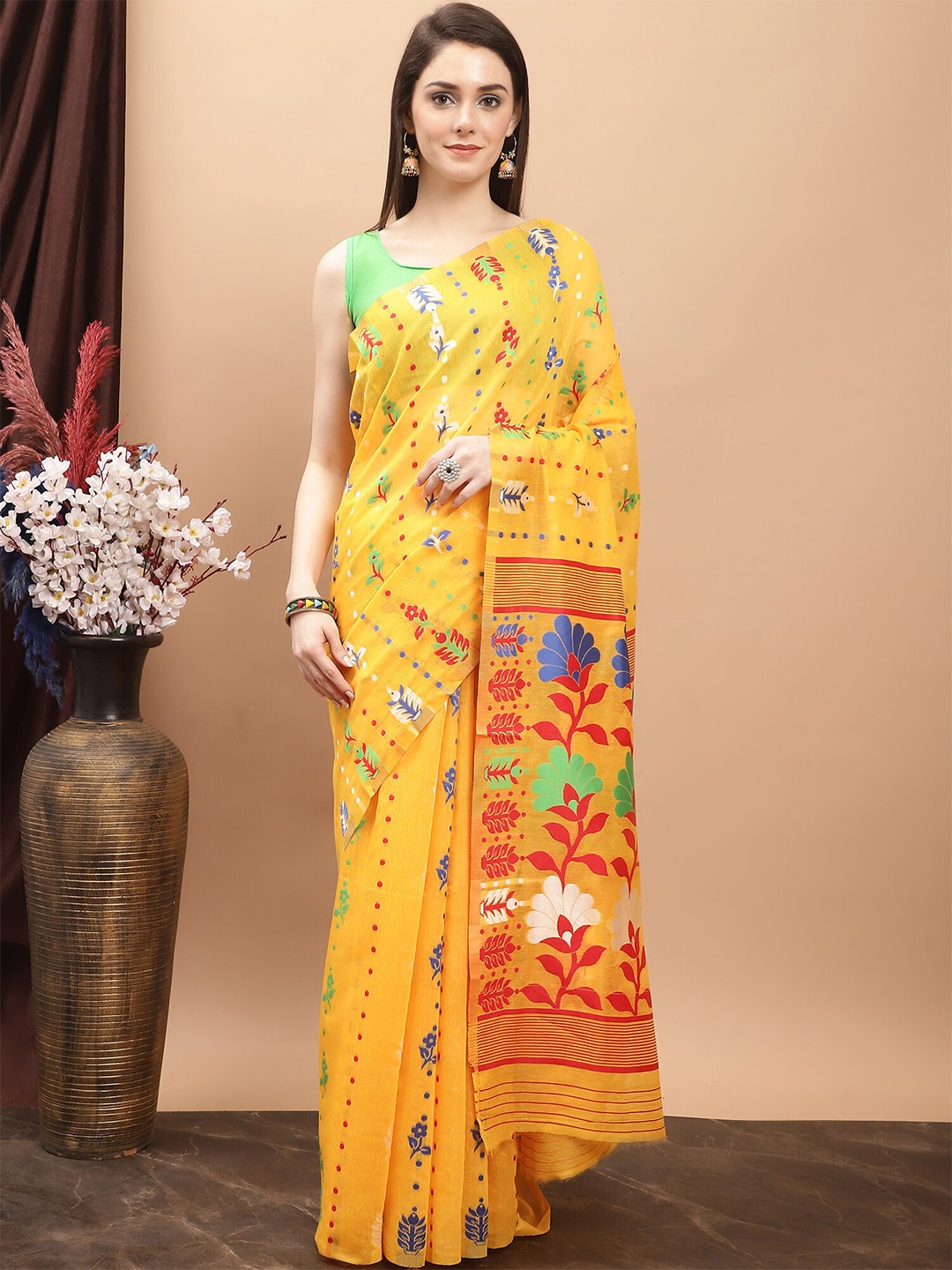 

KALINI Ethnic Motifs Woven Design Pure Cotton Jamdani Saree, Yellow