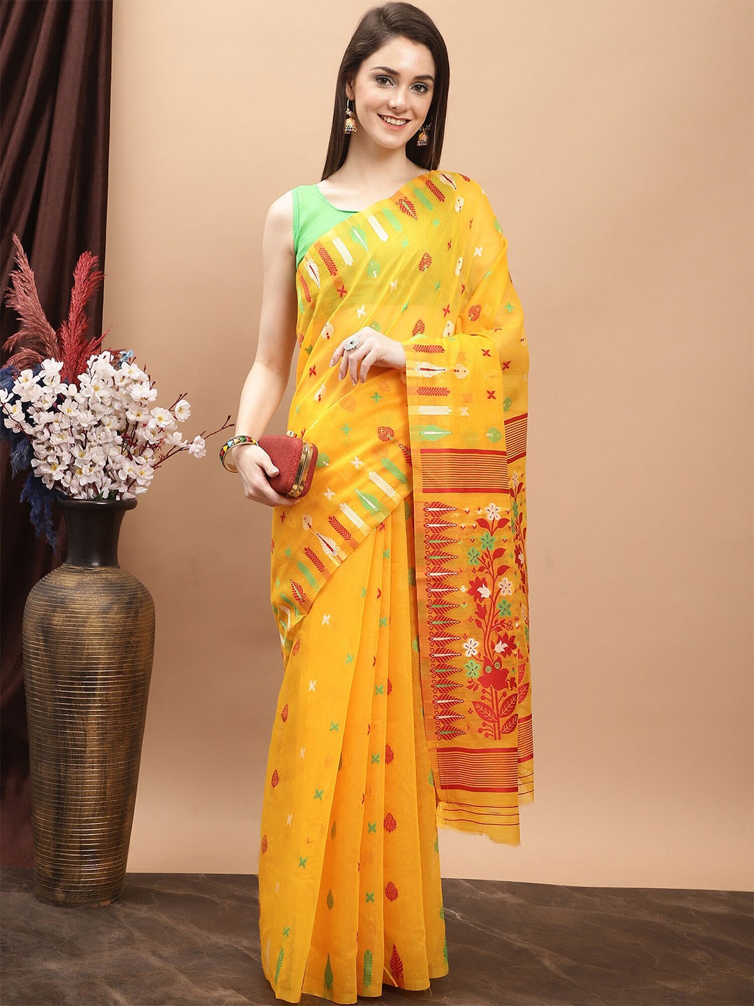 

KALINI Ethnic Motifs Woven Design Pure Cotton Jamdani Saree, Yellow