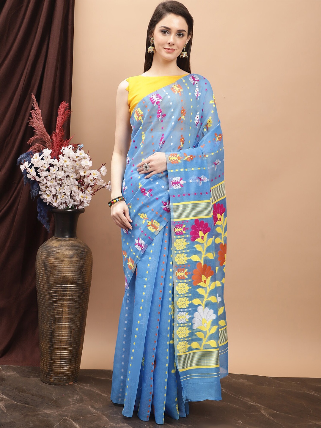 

KALINI Floral Woven Design Pure Cotton Jamdani Saree, Blue
