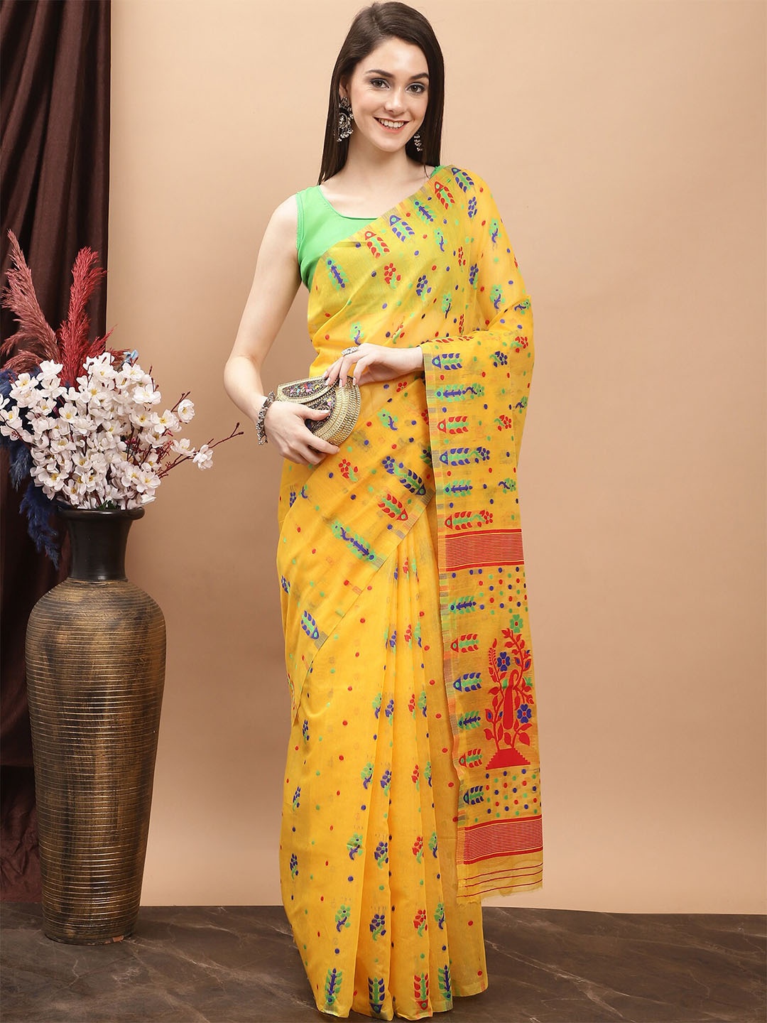 

KALINI Woven Design Pure Cotton Jamdani Saree, Yellow