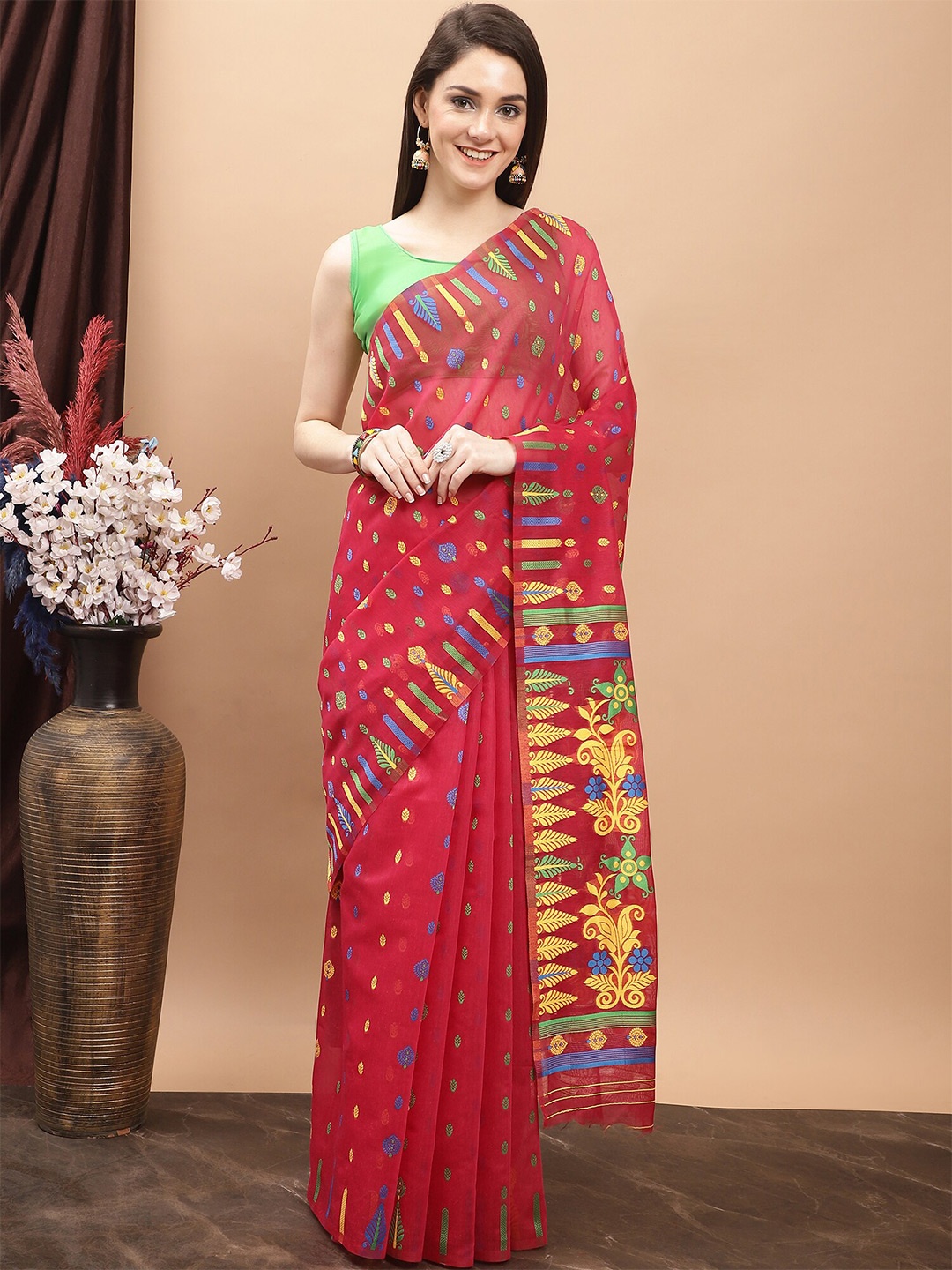 

KALINI Ethnic Motif Pure Cotton Jamdani Saree, Pink