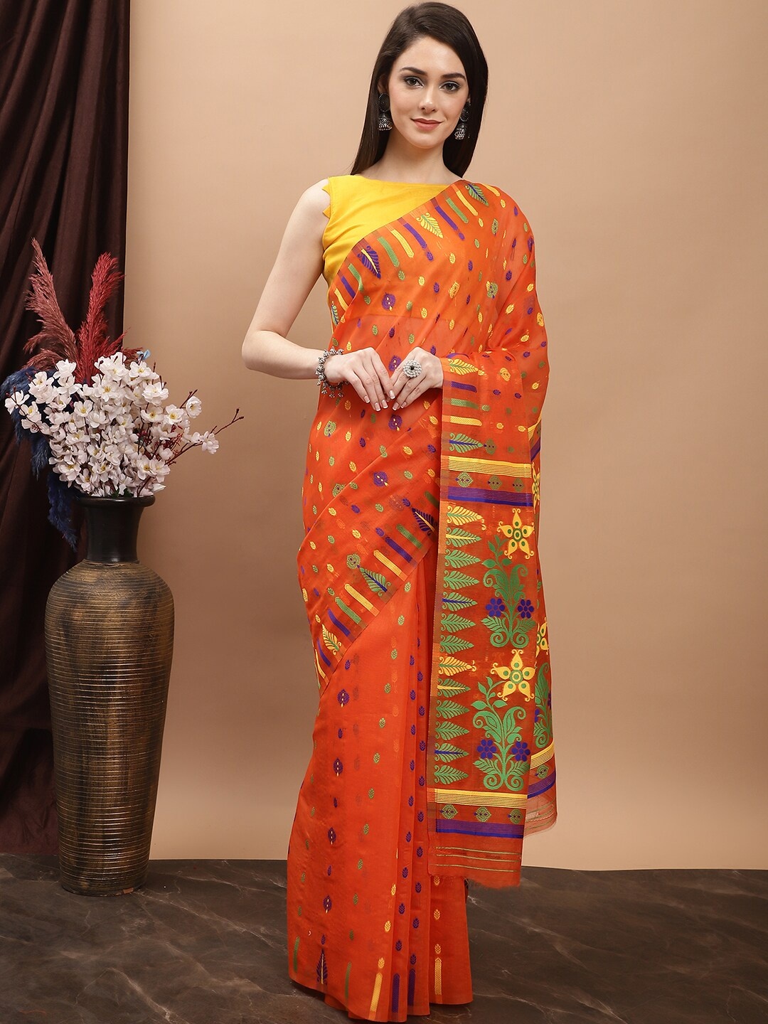 

KALINI Ethnic Motif Pure Cotton Jamdani Saree, Orange