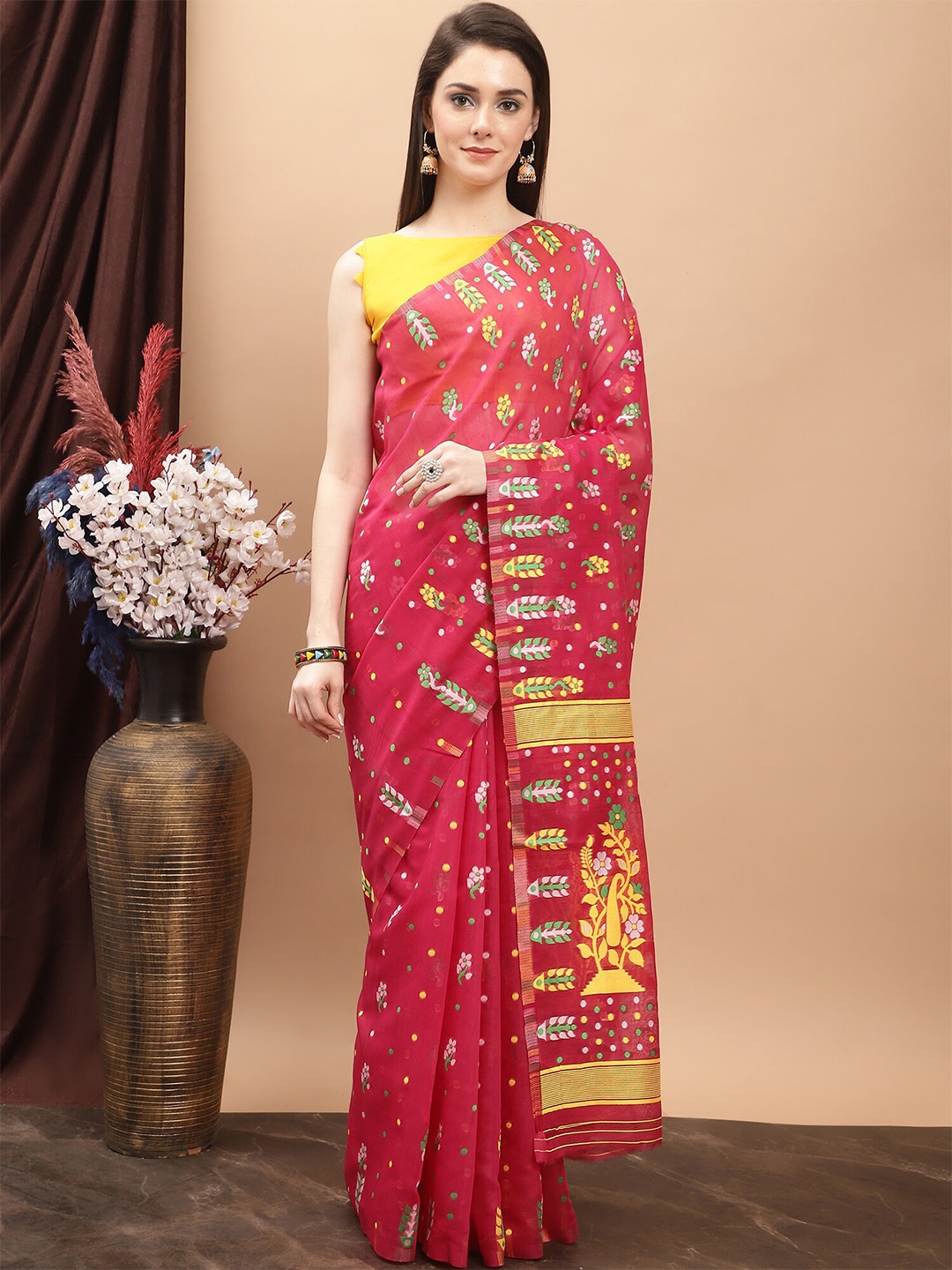 

KALINI Ethnic Motif Pure Cotton Jamdani Saree, Pink