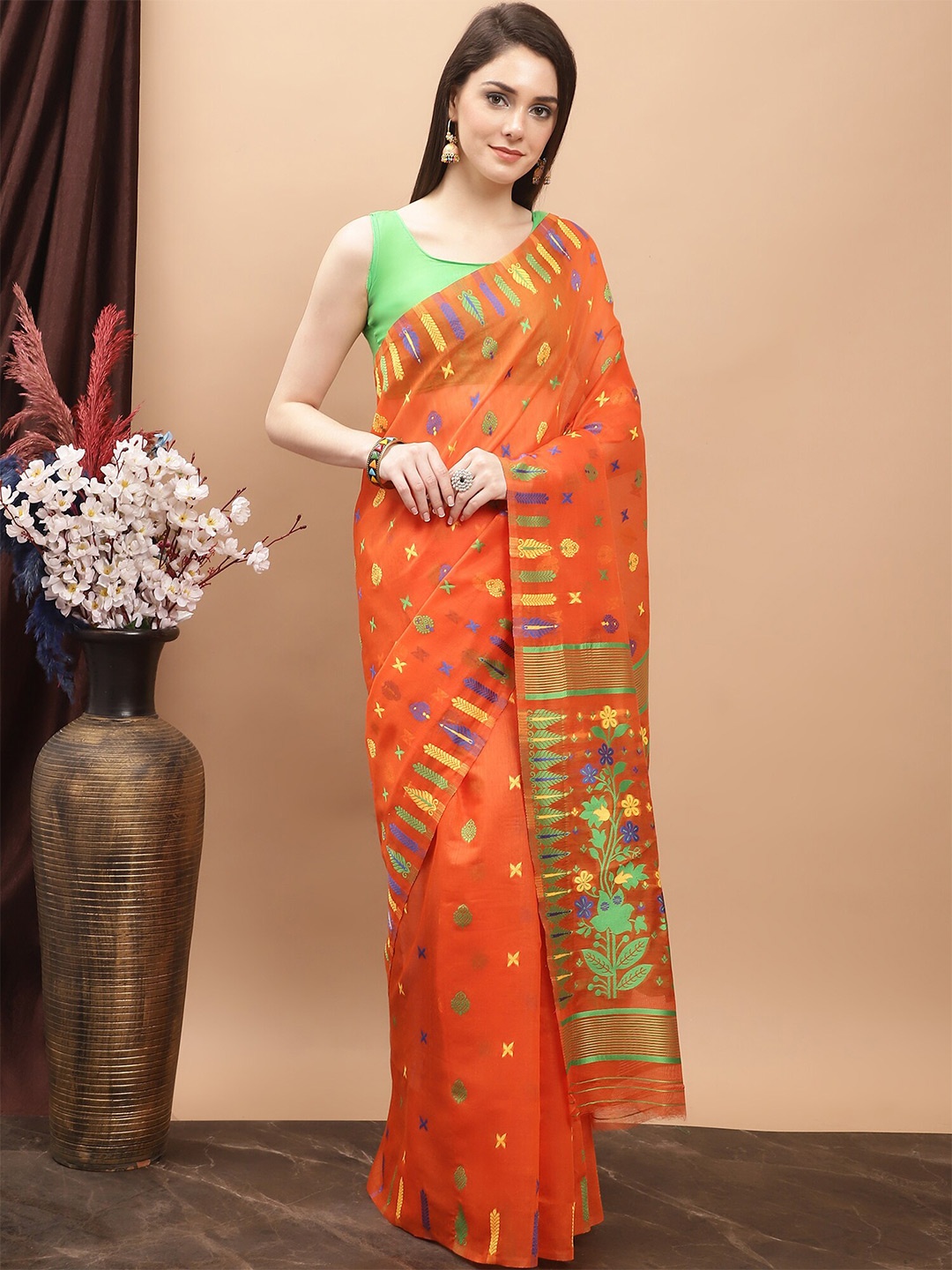 

KALINI Floral Woven Design Pure Cotton Jamdani Saree, Orange