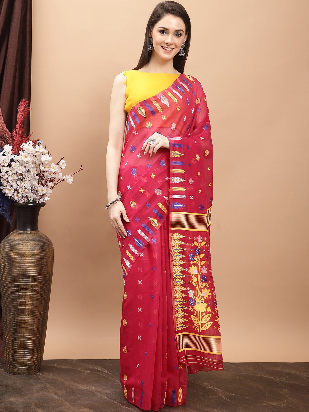 

KALINI Ethnic Motifs Woven Design Pure Cotton Jamdani Saree, Pink