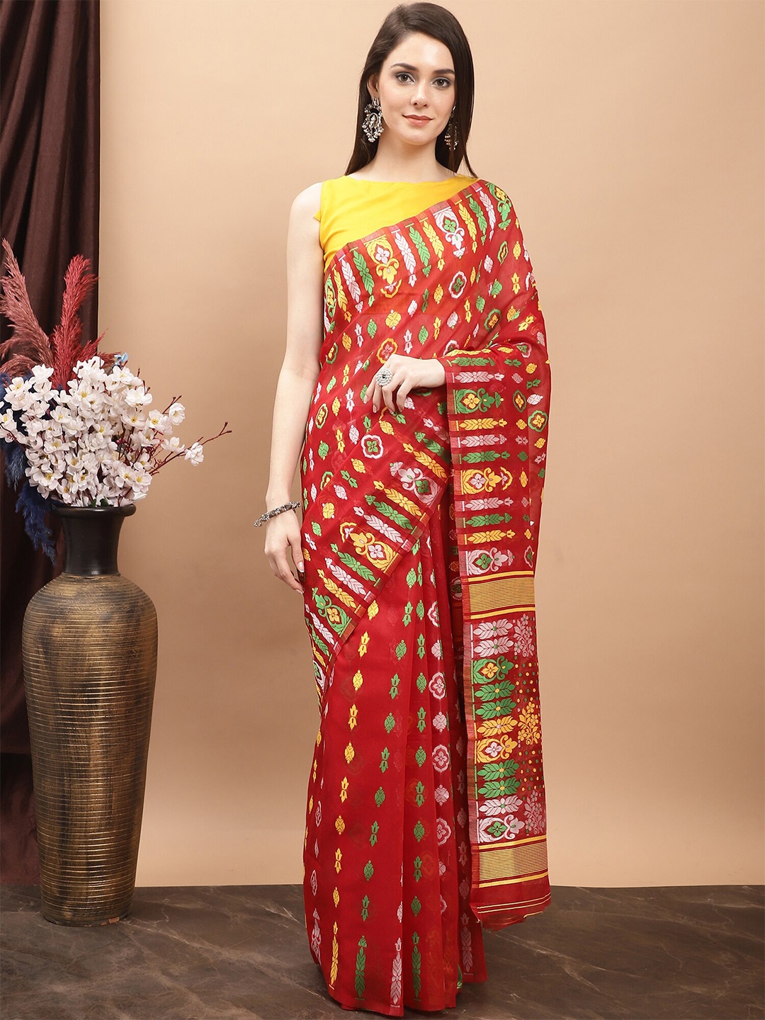 

KALINI Woven Design Pure Cotton Jamdani Saree, Red