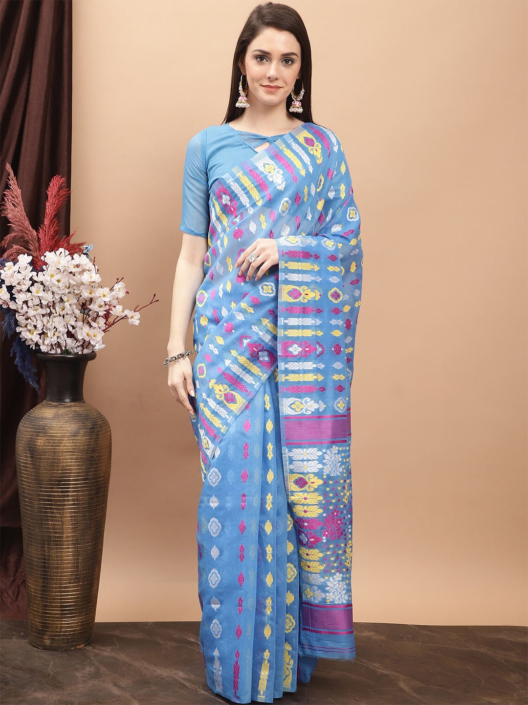 

KALINI Ethnic Motifs Woven Design Pure Cotton Jamdani Saree, Blue