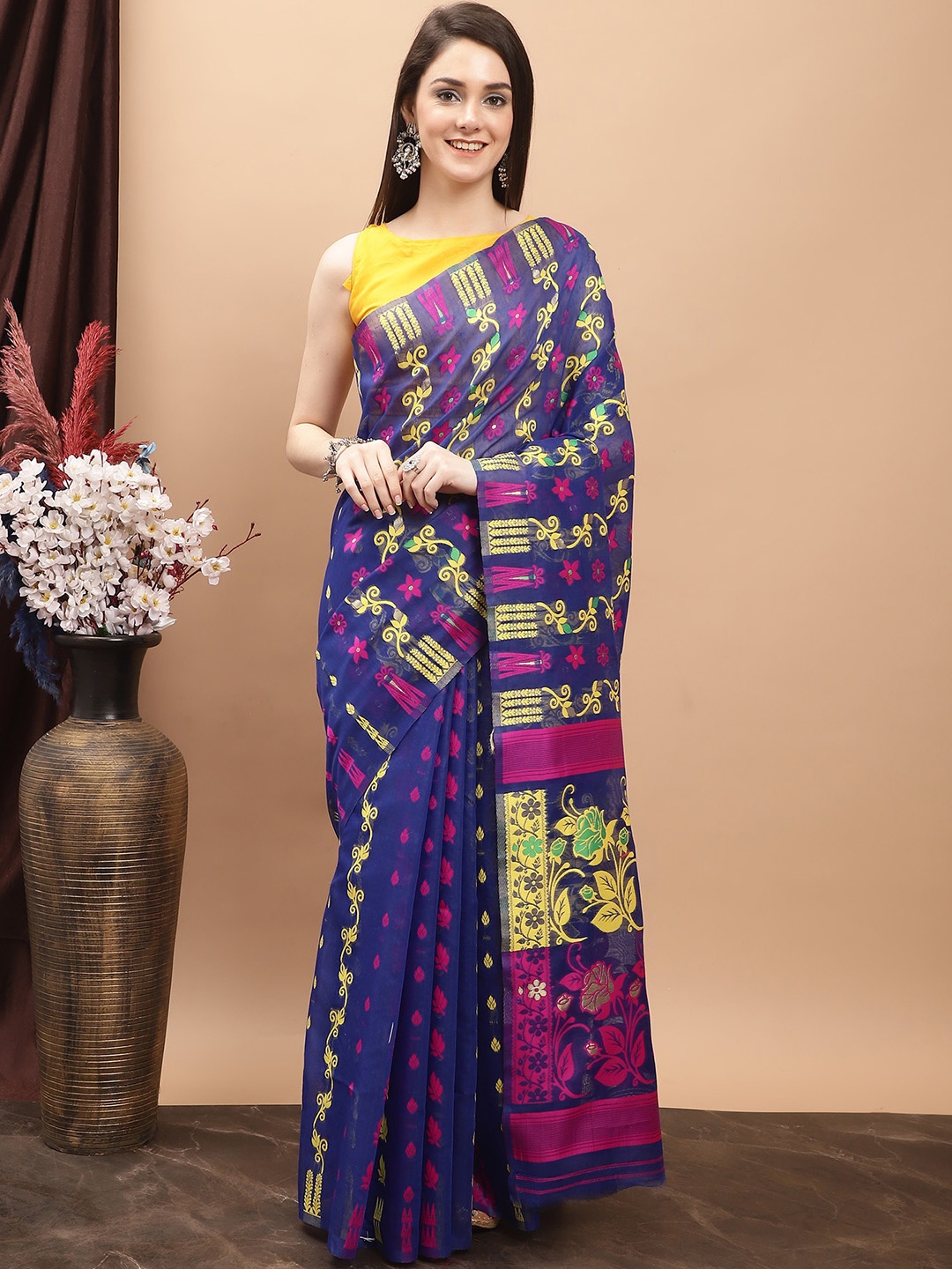 

KALINI Ethnic Motifs Woven Design Pure Cotton Jamdani Saree, Blue