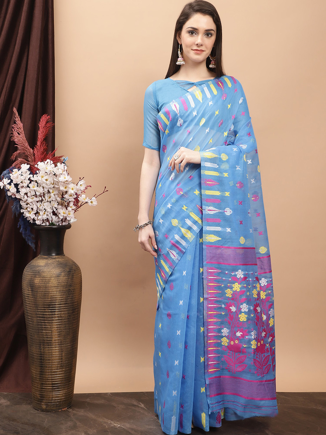 

KALINI Blue & Pink Woven Design Pure Cotton Jamdani Saree