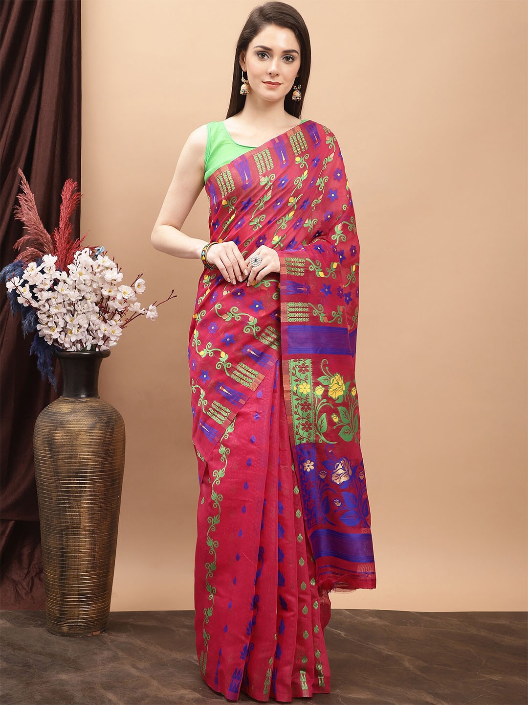 

KALINI Ethnic Motif Pure Cotton Jamdani Saree, Pink